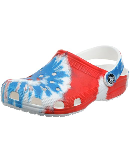 blue and white crocs tie dye