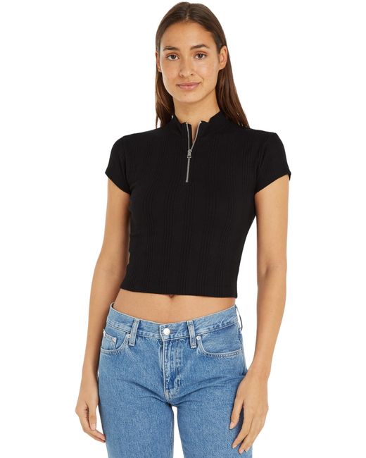 Calvin Klein Black Variegated Rib Half Zip Top J20j223564 Other Tops