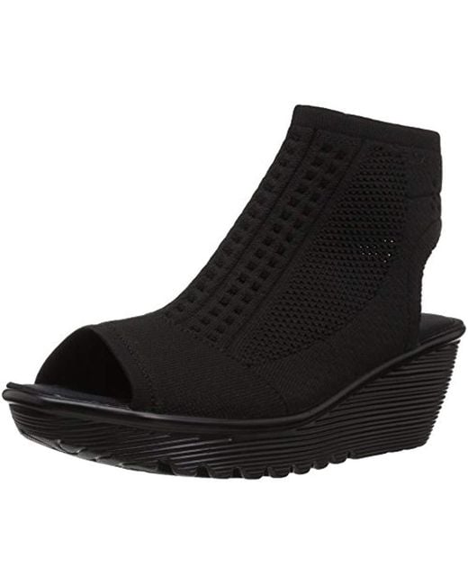 Skechers Black Parallel-tight Peep Toe Stretch Knit Sandal Wedge