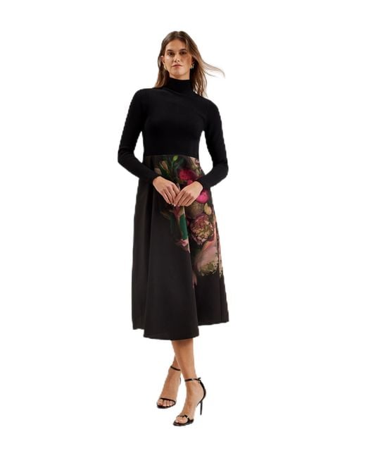 Ted Baker Black WMD-ASNES-Knit Bodice Dress with Printed Wrap Skirt Lässiges Business-Kleid