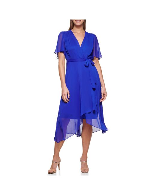 DKNY Blue Flutter Sleeve Faux Wrap Dress