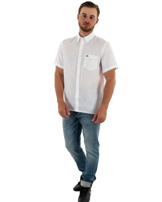 Lacoste Blue S Sleeve Linen Shirt White M for men