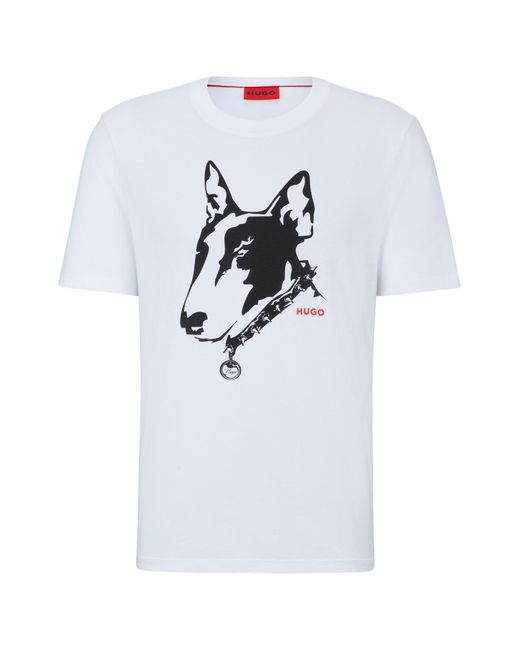 HUGO White Cotton-jersey T-shirt With Dog Artwork for men
