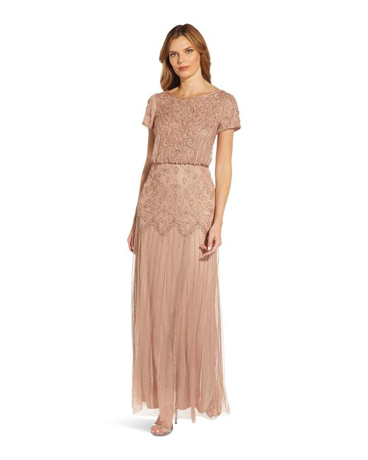 Adrianna Papell Natural S Boat Neck Short Sleeve Blouson Beaded Gown Special Occasion Dress