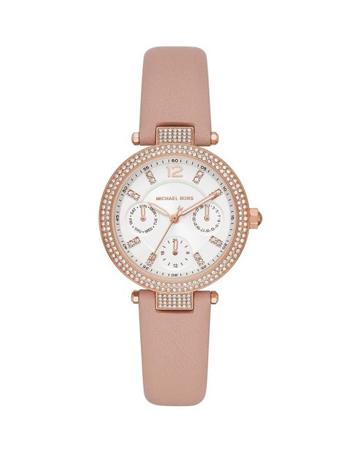 Michael Kors White Parker Analogue Quartz Watch With Pink Leather Strap For Mk2914