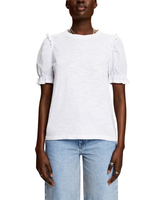 Esprit Edc By T-shirt Met Borduurwerk En Pofmouwen in het White