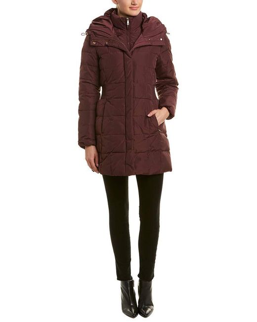 Cole Haan Red Taffeta Down Coat With Bib Front And Dramatic Hood