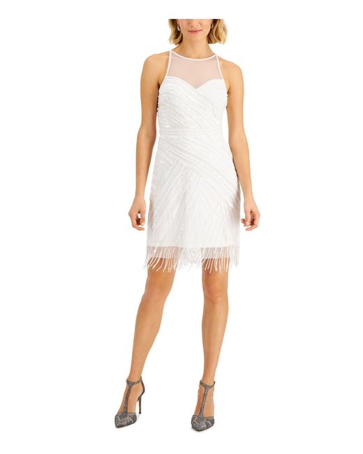 Adrianna Papell White Beaded Short Fringe Dress