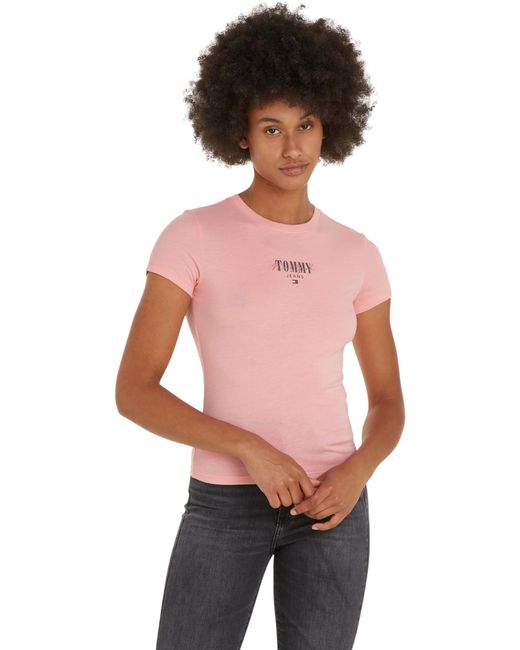 T-shirt iche Corte Donna Slim Scollo Rotondo di Tommy Hilfiger in Pink