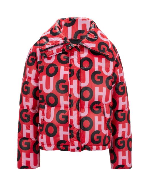 HUGO Red High-shine Stacked-logo Puffer Jacket With Oversized Collar