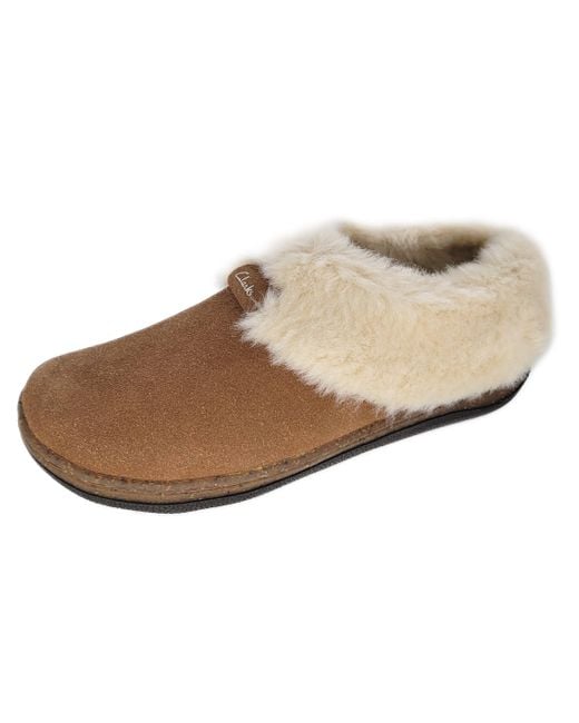 Clarks Brown S Suede Plain Toe Plush Faux Fur Collar Lined Cork Midsole Open Back Indoor Outdoor Slippers