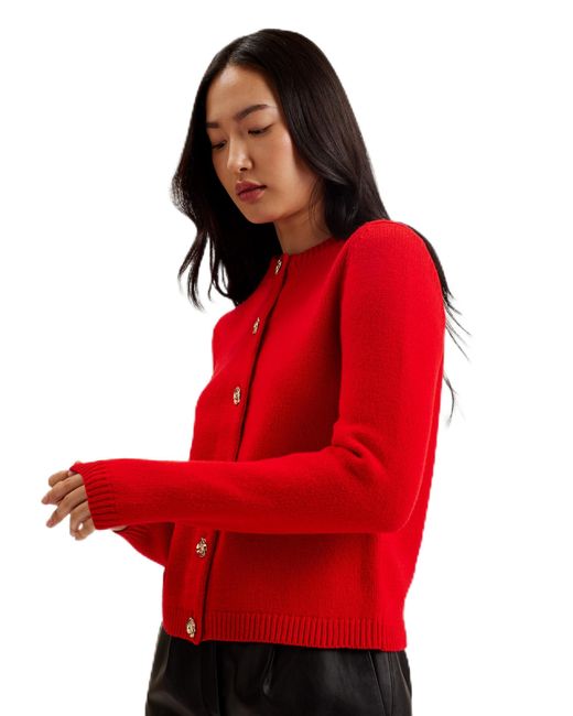 Ted Baker Red Wmk-jaycey-rose Button Crew Neck Cardigan Sweater