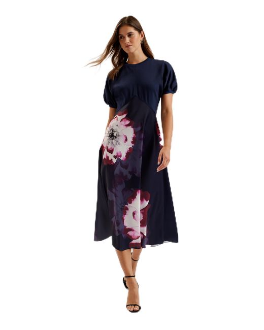 Ted Baker Blue S Wmd-mitzic-ponte Bodice Printed Satin Skirt Midi Casual Dress