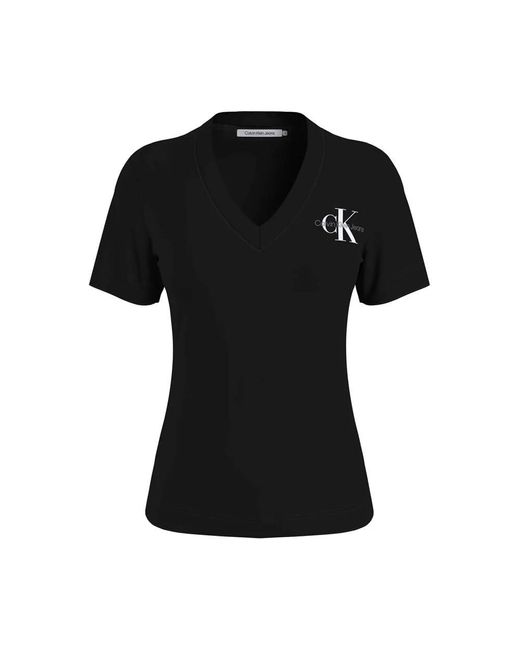 Calvin Klein Black T-Shirt Kurzarm Monologo Slim V-Ausschnitt