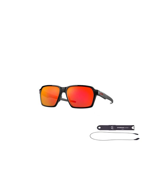 Oakley Parlay OO4143 Sonnenbrille für + Bundle Zubehörleine + Paket mit Designer-iWear Pflegeset in Black für Herren