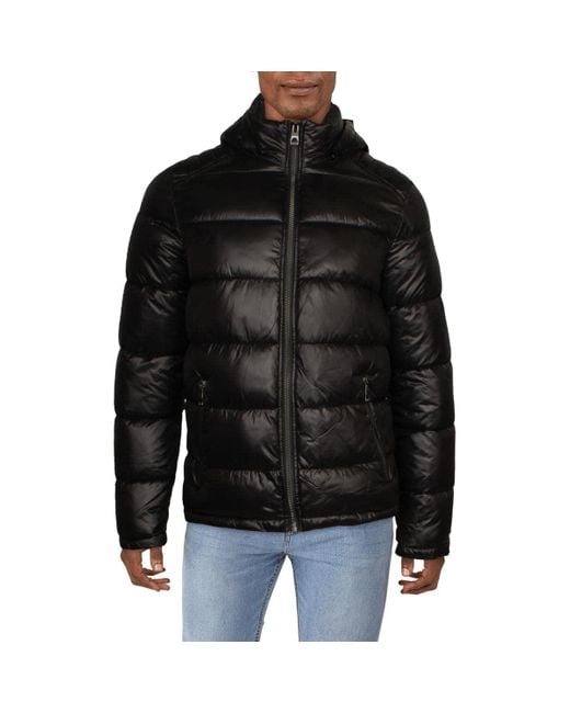 Guess Black Mens Mid-weight Puffer Jacket With Removable Hood Down Alternative Coat for men