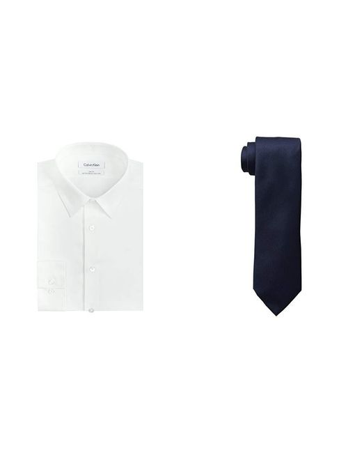 Calvin Klein White Slim Fit Herringbone Dress Shirt And Silver Spun Tie Combo for men