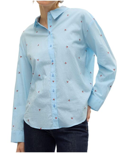 Vero Moda Langarm Bluse VMOdona Hemdbluse mit gestickten Kirschen 10324629 Airy Blue Emb Cherry M