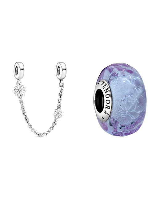 Pandora Blue Sicherheitskette Gänseblümchen 5cm 798764C01 & Wellenförmiges Lavendelblaues Murano-Glas Charm
