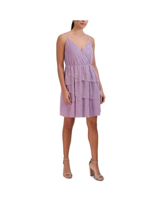 BCBGeneration Purple Fit And Flare Mini Cocktail Dress Adjustable Spaghetti Straps Surplice Neck Tiered Ruffle Skirt