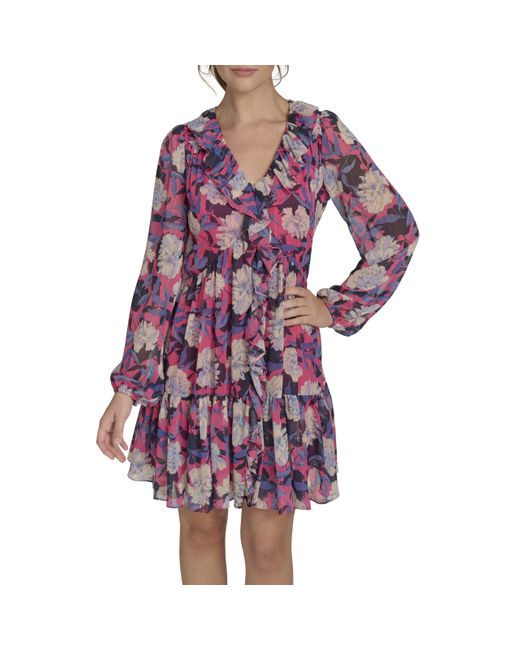 Tommy Hilfiger Purple Long Sleeved Ruffle Flattering Shift Dress Kleid