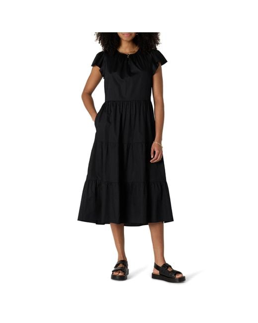 Abito Midi Girocollo in Raso di Cotone a Balze vestibilità Comoda Donna di Amazon Essentials in Black