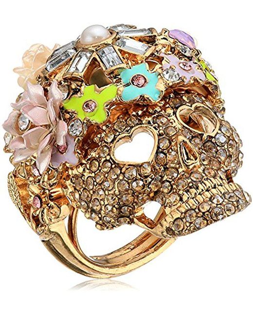 Betsey Johnson Pink Cocktail Rings Multi-flower Skull Statement Ring, Size 7