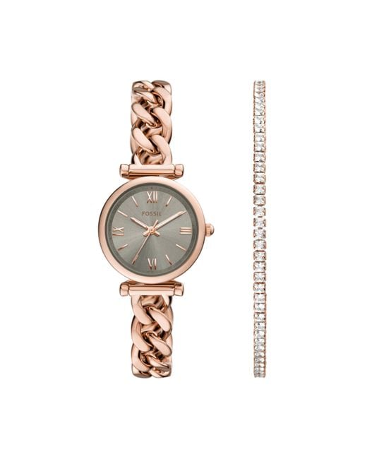 Fossil Metallic Carlie Three-hand Rose Gold-tone Stainless Steel Watch And Bracelet Set