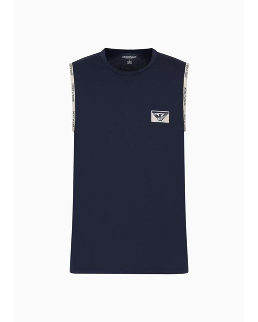 Emporio Armani Blue Cotton Loungewear Tank Top With Logo Piping And Patch for men
