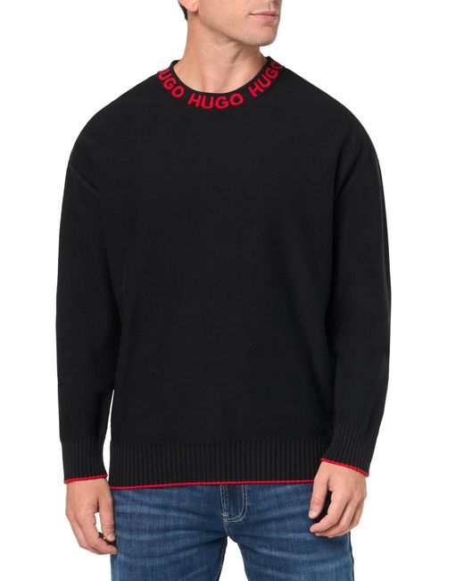 HUGO Black Repeat Logo Neck Cotton Sweater for men