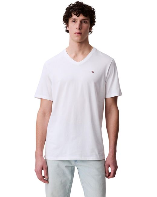 T-Shirt ches Courtes Smooth Solid Tee avec Col en V Calvin Klein pour homme en coloris White