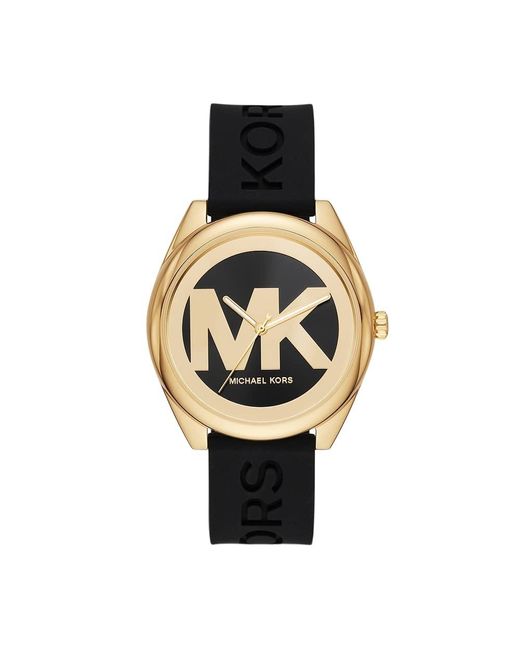 Michael Kors Metallic Mk7313 Black Gold Tone Logo Dial Black Silicone Band Watch