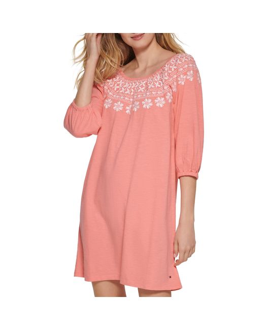 Tommy Hilfiger Pink Off The Shoulder Embroidered Casual Dress