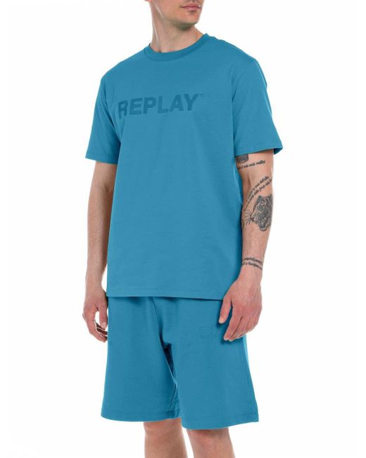 Replay Blue T-Shirt Kurzarm Second Life mit Logo Print