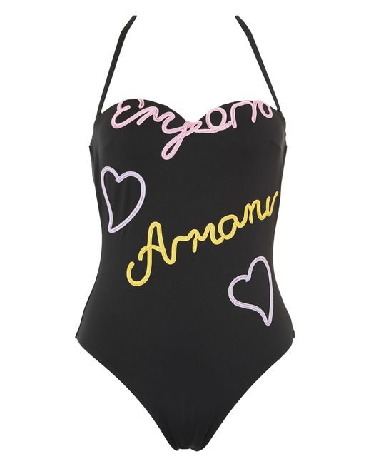 Emporio Armani Black One-piece Emrboidery Signature One Piece Swimsuit