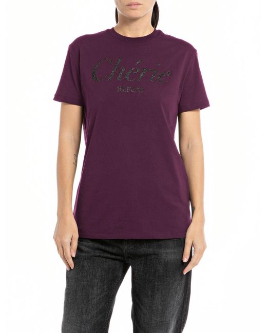 Replay Purple T-Shirt Kurzarm aus Baumwolle mit Print
