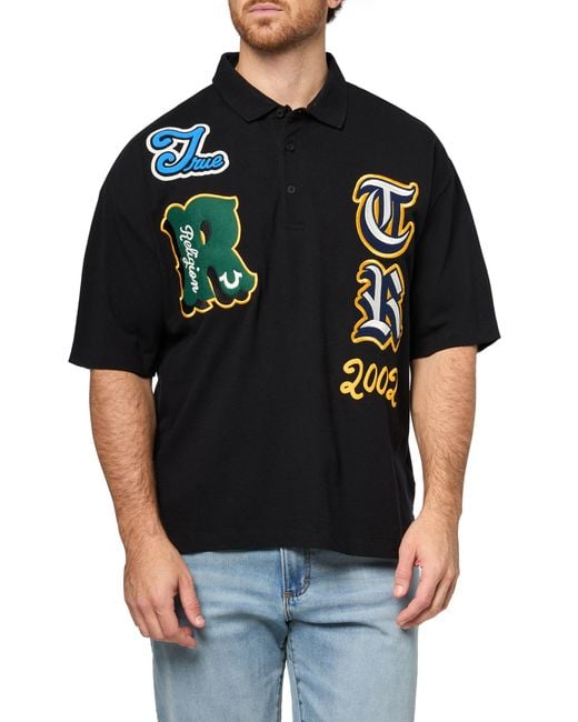 True Religion Black Ss Overt Patch Polo | Short Sleeve Polo Shirt With Signature Patches for men