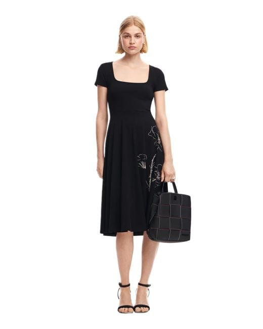 Desigual Napoles Square Neck Midi Jersey Dress 25swvk09 Black