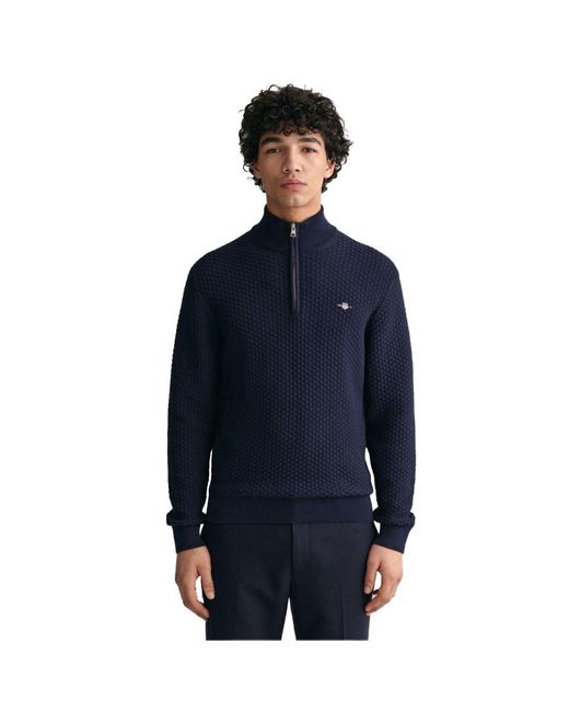 Gant Blue Cotton Texture Half Zip Sweater for men