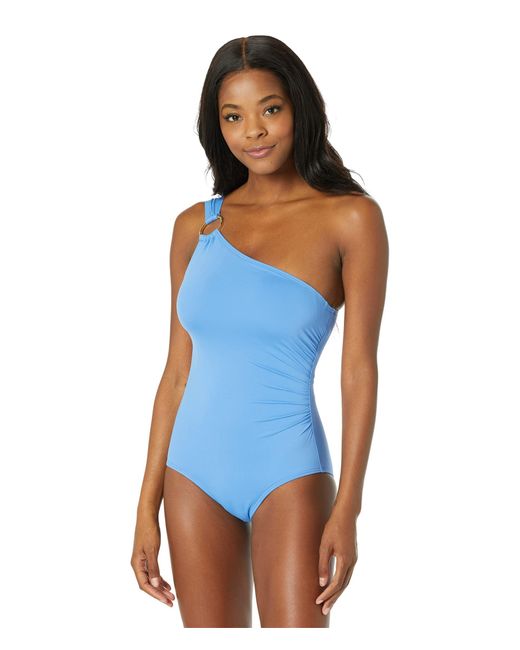 Michael Kors Iconic Solids One Shoulder One-piece Crew Blue 6