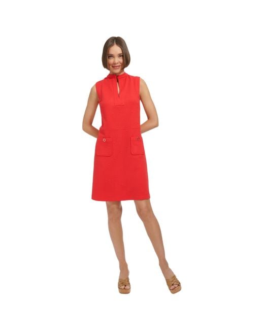 Tommy Hilfiger Red Sleeveless Split Neck Solid Jacquard Knit Dress