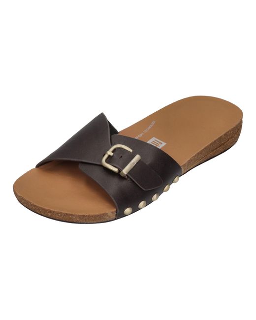 Fitflop Black Iqushion Adjustable Buckle Leather S Slides Chocolate Brown