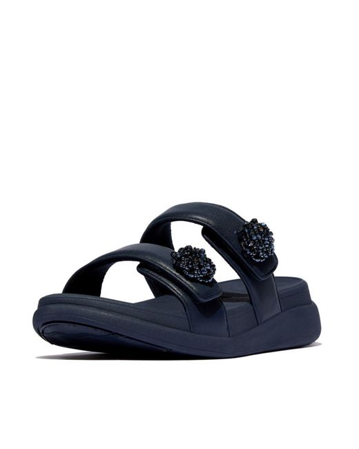 Fitflop Blue F-Mode Go Beadie-Button Adj. Flatform 2-Bar Slides Wedge Shoes 9 M (B) Synthetic