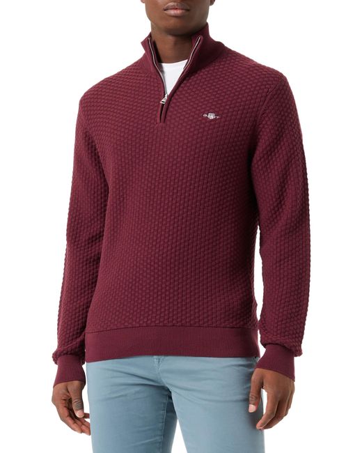 Gant Red Cotton Texture Half Zip Sweater for men