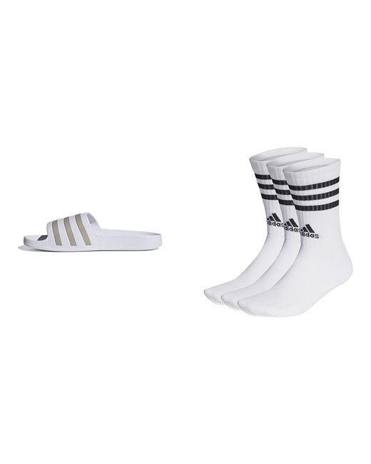 Adidas Metallic Adilette Aqua Slides 3 Stripes Crew Socks