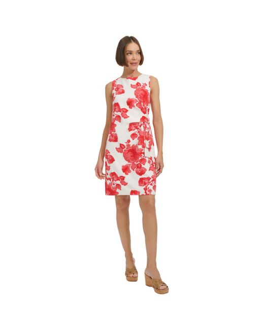 Tommy Hilfiger Red Sleeveless Bateau Neck Floral Print Salon Stretch Dress