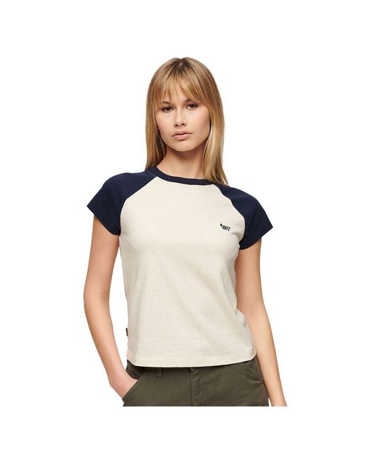 Superdry White Essential Raglan-T-Shirt aus Bio-Baumwolle mit Logo Kräftiges Marineblau/Hellbeige Meliert 44