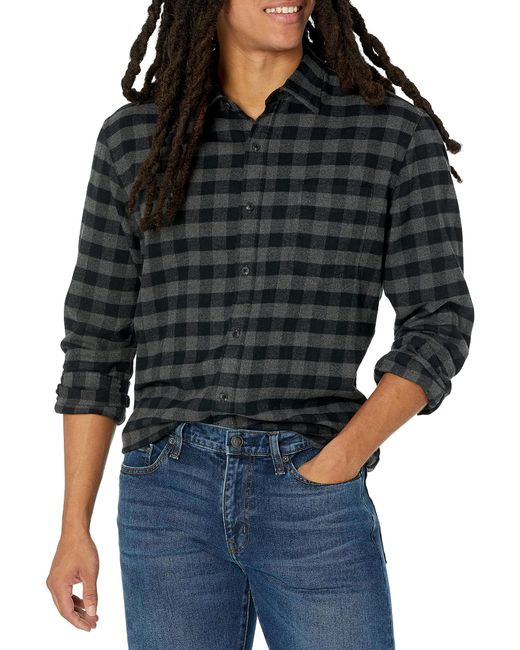 Amazon Essentials Black Slim-fit Long-sleeved Plaid Flannel Shirt for men
