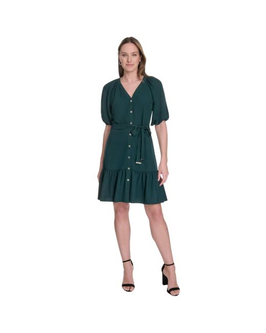 Tommy Hilfiger Green Puff 3/4 Length Sleeve Self Tie Fit And Flare Dress