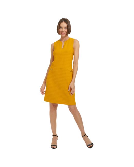Tommy Hilfiger Yellow Sleeveless Split Neck Solid Jacquard Knit Dress Casual Night